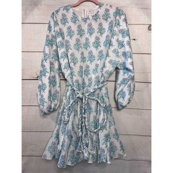 J. Marie Size LG Dress Long Sleeves White With Green Pink Flowers Rope Belt - Picture 1 of 5